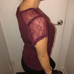 MNG maroon / burgundy t-shirt with lace sleeves.